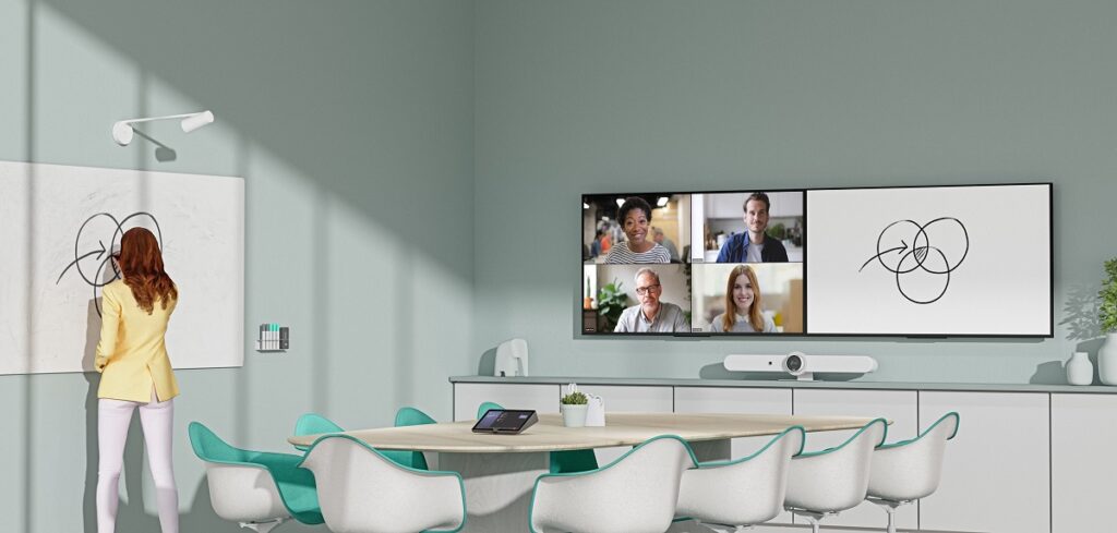 Logitech Scribe with Logitech Rally Bar, logitech room solutions, logitech rally bar, logitech scribe